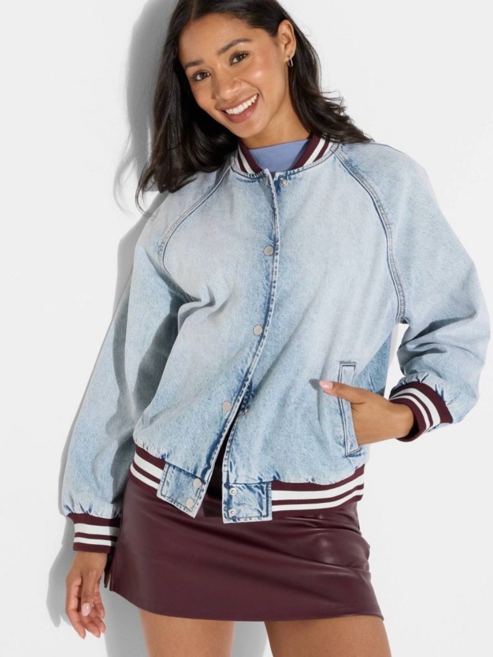 wild fable Light Blue Denim Bomber Jacket with Maroon Stripe Trim